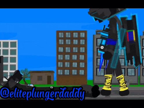 a cartoon of a man standing next to a giant robot with the name eliteplungerdaddy written on the bottom