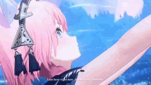 a girl with pink hair and blue eyes is standing in front of a blue background and says i am here right now .