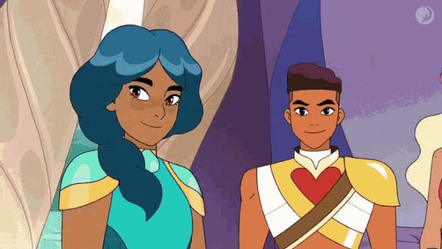 a couple of cartoon characters are standing next to each other and one of them has a heart on his chest