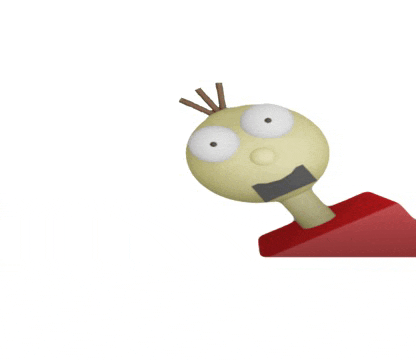 a cartoon character with big eyes and a red shirt is looking up