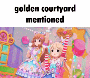 two anime girls are standing next to each other with the words golden courtyard mentioned on the bottom