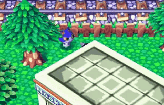 a cartoon character is standing next to a building in a game .