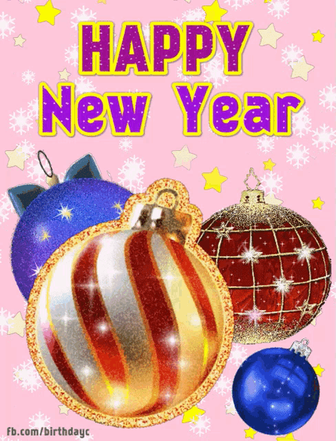 a happy new year greeting card with christmas balls on a pink background