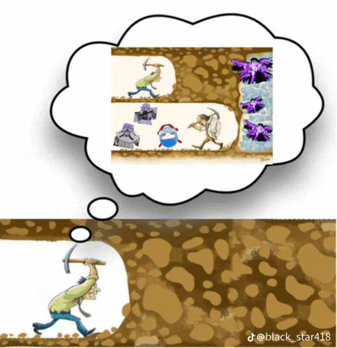 a cartoon of a man digging a hole with a thought bubble that says black star418