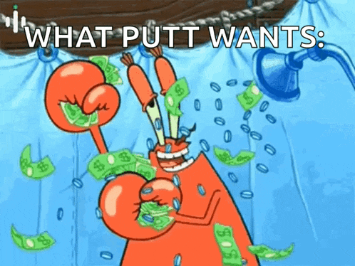 a cartoon of a crab holding money with the words what putt wants