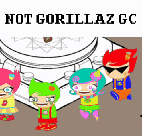 a group of cartoon characters are standing in front of a sign that says hot gorillaz gc