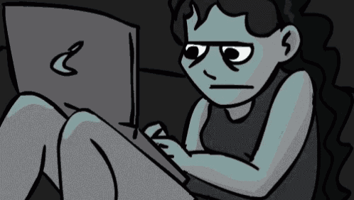 a cartoon drawing of a person using a laptop