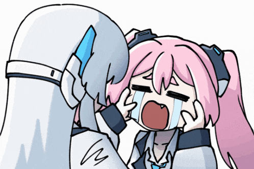 a cartoon drawing of a girl with pink hair and a white head