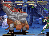 a video game screen shows a monster and a man with a sword and the words training on the bottom