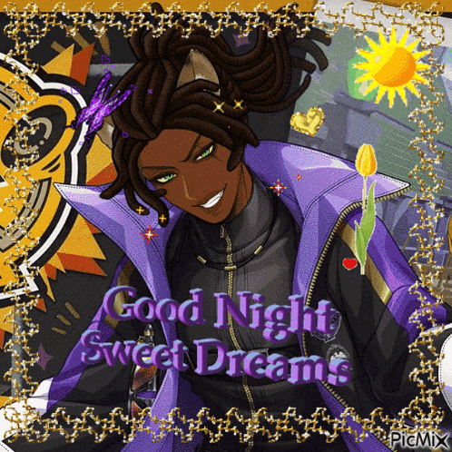 a picture of a man in a purple jacket with the words good night sweet dreams on it
