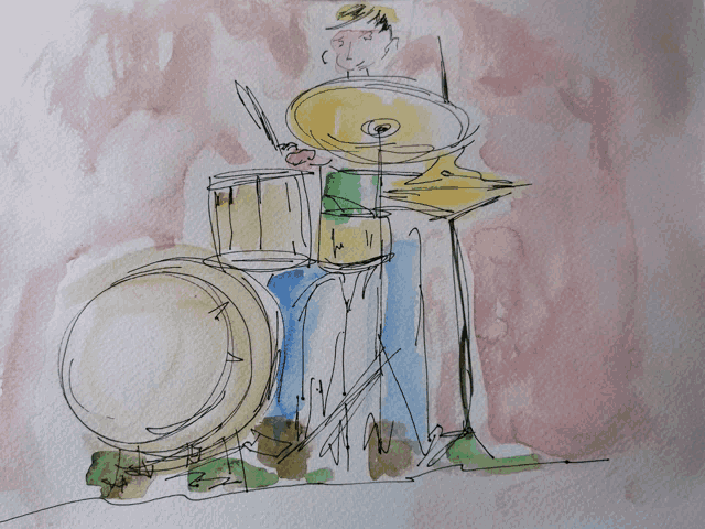 a drawing of a man playing a drum set with a pink background