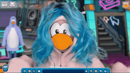 a penguin with blue hair is on a screen with a map button