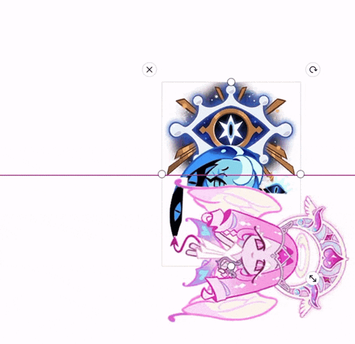 a drawing of a blue and pink cartoon character with a white x in the corner