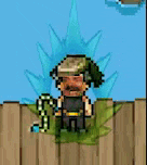 a pixel art of a man standing in front of a fence .