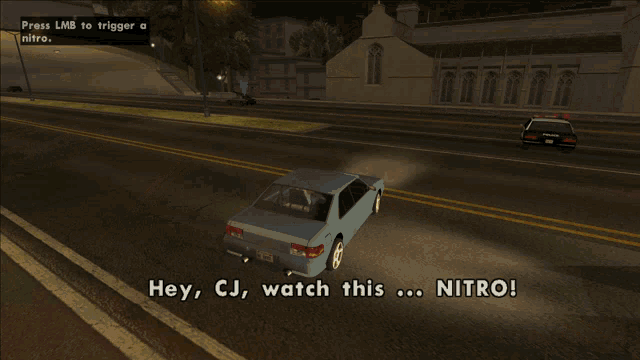 a car is driving down a highway and says hey cj watch this ... nitro