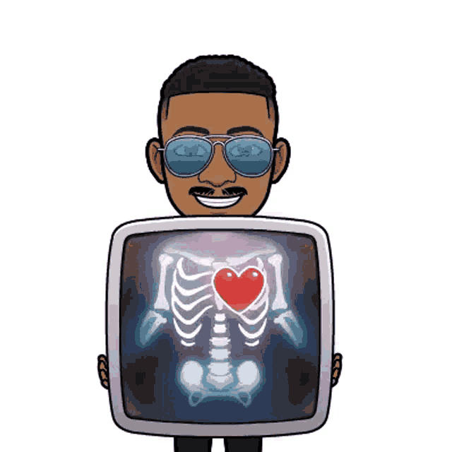 a cartoon man wearing sunglasses is holding an x-ray of a skeleton with a heart in the chest .