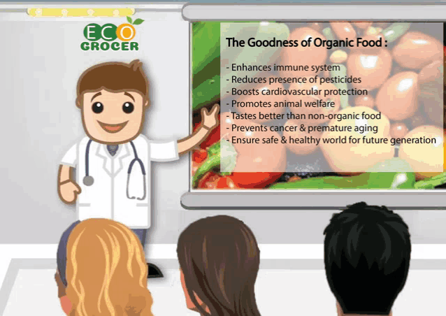 a cartoon of a doctor giving a presentation about the goodness of organic food