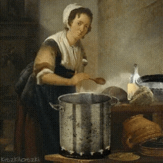 a painting of a woman stirring a pot with a spoon and the name kiszkiloszki on the bottom