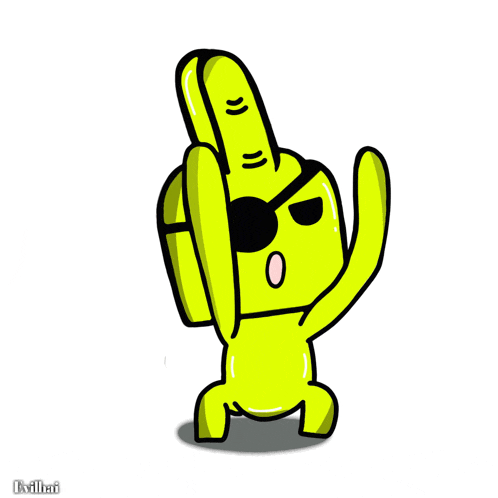 a yellow cartoon character is giving the middle finger and has a black eye patch on