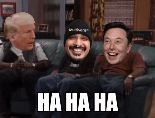 donald trump elon musk and a man wearing a hat that says multivers are laughing on a couch