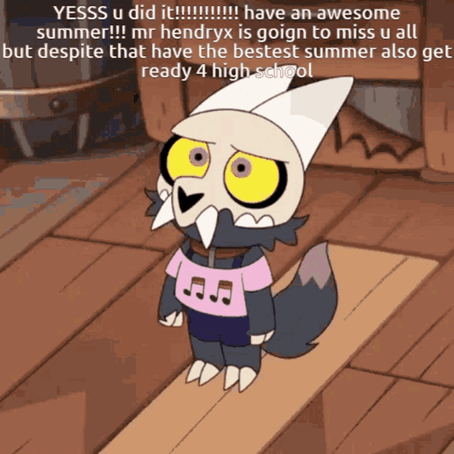 king from the owl house is wearing a pink shirt that says music notes