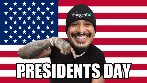 a man in front of an american flag with the words presidents day on the bottom