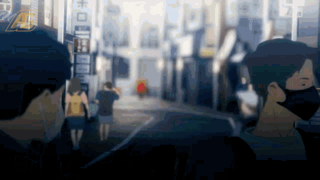a blurry picture of people walking down a street with a sign in the background that says ' a '