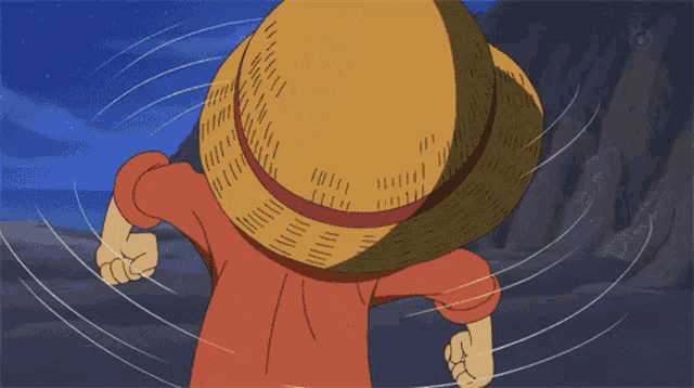 a cartoon character wearing a straw hat is running