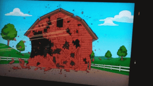 a cartoon of a barn that has been destroyed by a fire