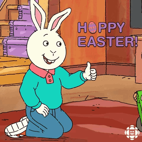 a cartoon of a bunny giving a thumbs up with the words hoppy easter behind him