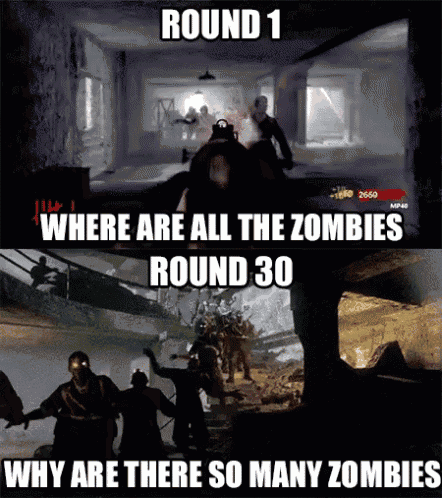a screenshot of a video game with the words round 1 where are all the zombies round 30 why are there so many zombies below it