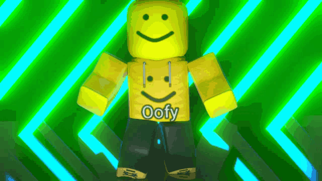 a roblox character with a smiley face and the name oofy on his shirt