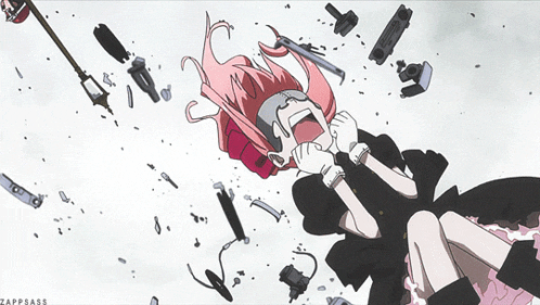 a girl with pink hair is laying on the ground with a lot of objects flying around her and the words zappsass below her
