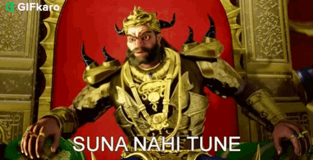 a man with horns and a beard is sitting on a throne with the words suna nahi tune written below him