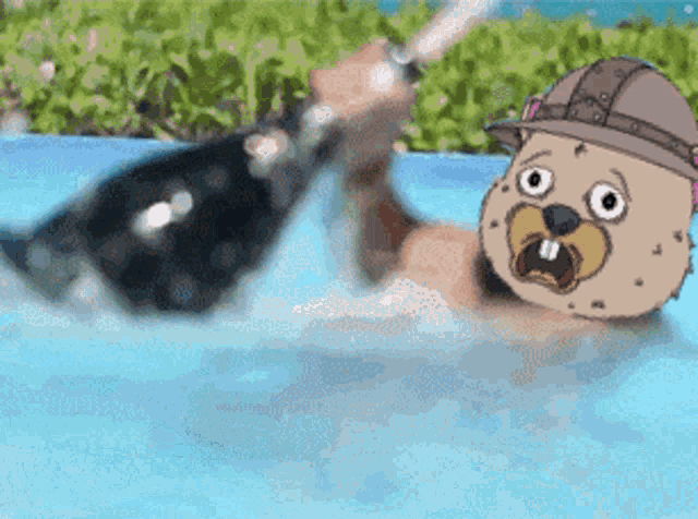 a cartoon character is swimming in a pool and holding a bottle of champagne