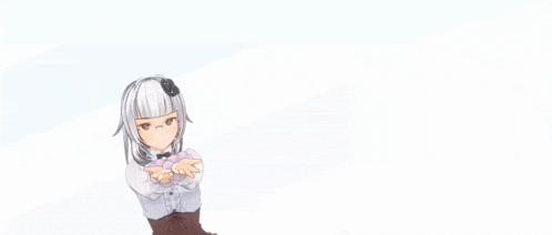 a girl with white hair and a bow on her head is pointing up
