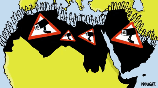 a cartoon of a globe with a barbed wire fence and warning signs with cameras on them by nougat