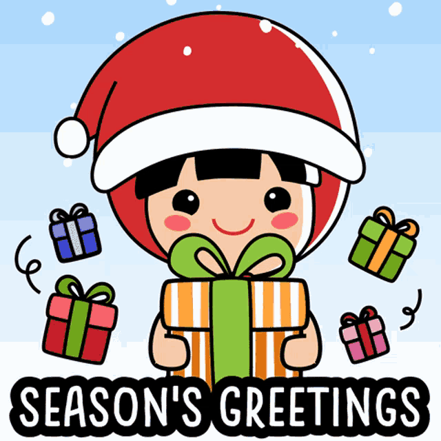 a cartoon of a girl wearing a santa hat holding a gift box with the words season 's greetings below her