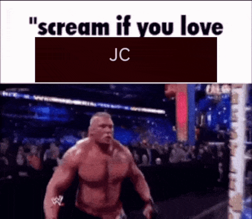 a muscular man is screaming in front of a crowd while wearing a wrestling ring .