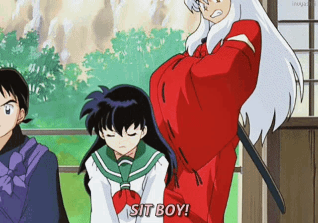 a cartoon character is standing next to a girl and says sit boy