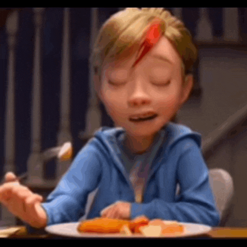 a cartoon boy is sitting at a table eating a plate of food with a spoon .