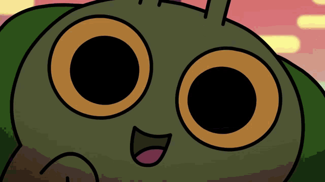 a green cartoon character with big orange eyes