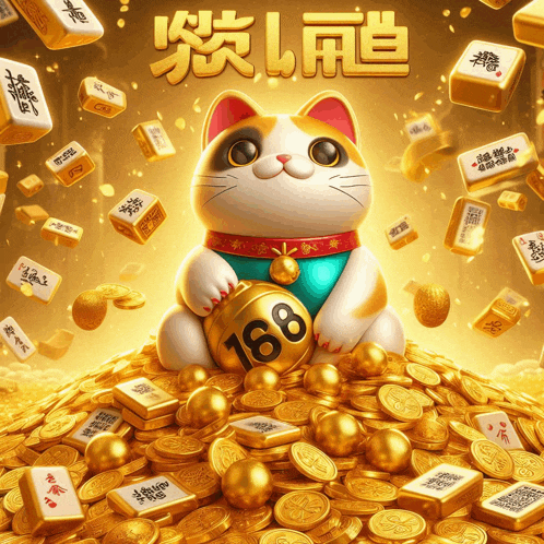 a cartoon cat holding a ball with 168 on it