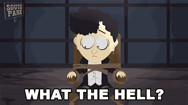 a cartoon character from south park is tied up in a chair