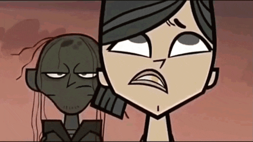 a cartoon character with a serious look on her face stands next to another character