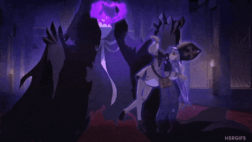 a cartoon of a woman standing in front of a purple ghost with the words hsrgifs on the bottom