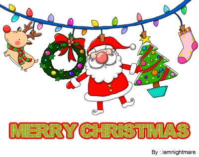 a merry christmas greeting card with santa claus christmas tree and reindeer