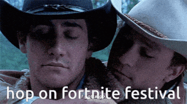 two men wearing cowboy hats with the words hop on fortnite festival written below them