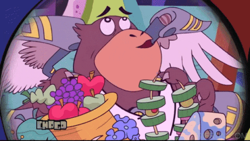 a cartoon of a monkey eating fruit and vegetables with the word indigo below him