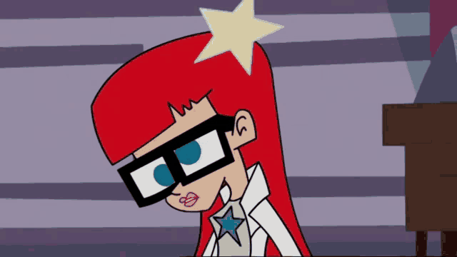 a cartoon character with red hair and glasses has a star on her forehead